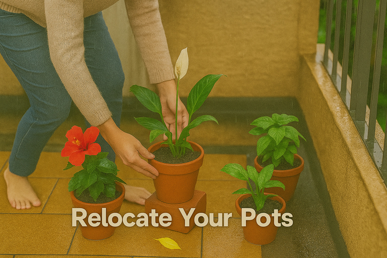 Relocating balcony pots during Indian monsoon – person moving terracotta potted peace lily and hibiscus away from the exposed rain area